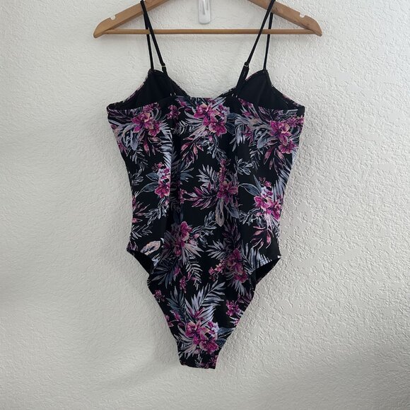 bebe Swimsuit Womens XL Black Pink Floral One Piece Lace Up Front Bathing Suit - Picture 4 of 9